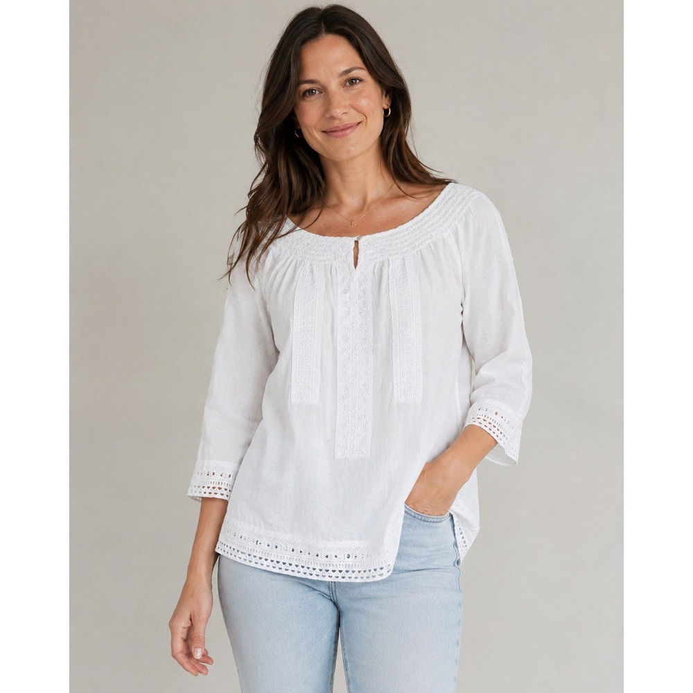 White Linen Eyelet Blouse Charter Club M Embroidered Peasant Boho Coastal